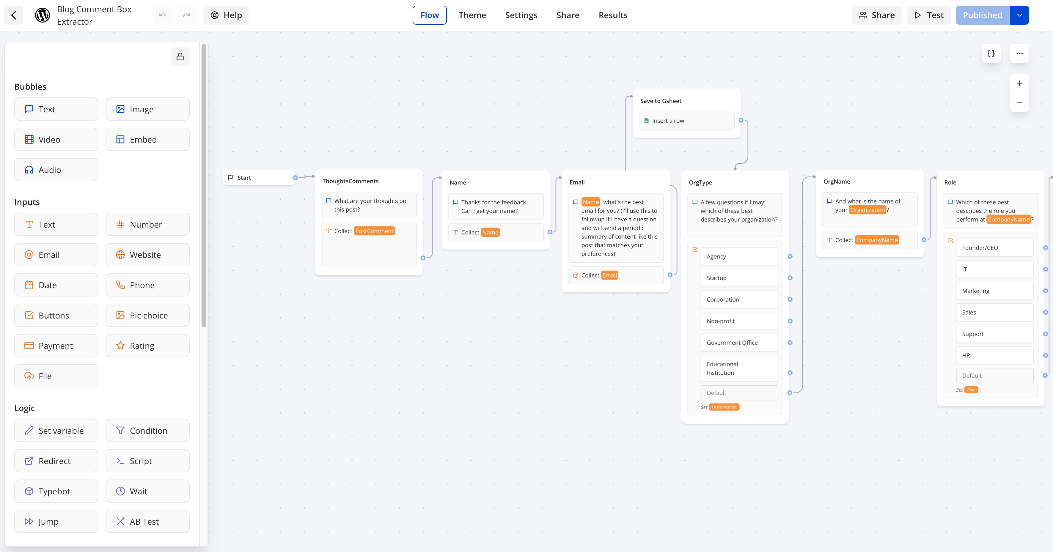 TypeBot flow for blog comment extraction